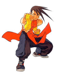 Rule 34 | 1boy, baggy pants, bridal gauntlets, brown hair, capcom, chinese clothes, fighting stance, full body, male focus, muscular, pants, shoes, simple background, sneakers, solo, street fighter, street fighter iii (series), white background, yang lee