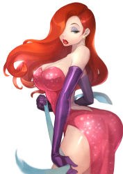 Rule 34 | 1girl, ass, backless outfit, bare shoulders, breasts, cleavage, covered erect nipples, curvy, earrings, elbow gloves, gloves, green eyes, hair over one eye, jessica rabbit, jewelry, large breasts, lips, lipstick, long hair, looking back, makeup, olivia (yh), orange hair, red hair, red lips, sequins, simple background, solo, who framed roger rabbit