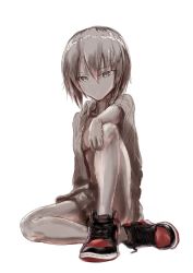Rule 34 | 10s, 1girl, closed mouth, commentary, cross-laced footwear, dress shirt, english commentary, full body, girls und panzer, goripan, greyscale, hand on own knee, light frown, looking at viewer, monochrome, nishizumi maho, open clothes, open shirt, red footwear, shirt, shoes, short hair, short sleeves, simple background, sitting, sketch, sneakers, solo, spot color, untied footwear, white background