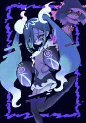 Rule 34 | 1girl, aoi bansoko, black skirt, black sleeves, black thighhighs, blue hair, colored sclera, commentary, cowboy shot, creatures (company), dark background, detached legs, detached sleeves, game freak, gen 4 pokemon, ghost miku (project voltage), glitch, gradient hair, grey shirt, hair over one eye, hands up, hat, hatsune miku, highres, long hair, looking at viewer, mismagius, multicolored hair, necktie, nintendo, open mouth, pale skin, pokemon, pokemon (creature), print sleeves, project voltage, red eyes, see-through, see-through skirt, shaded face, shirt, skirt, sleeveless, sleeveless shirt, sleeves past fingers, sleeves past wrists, thighhighs, twintails, very long hair, vocaloid, white hair, white necktie, witch hat, yellow eyes, yellow sclera