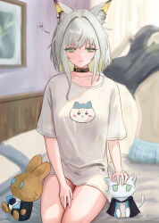 Rule 34 | 1girl, 1other, absurdres, ahoge, amiya (arknights), animal ear fluff, animal ears, arknights, black choker, blurry, blurry background, cat ears, cat girl, character doll, chinese commentary, choker, choshanland plushy (arknights), collarbone, colored inner hair, commentary request, doctor (arknights), green hair, highres, indoors, kal&#039;tsit (arknights), light particles, medium hair, multicolored hair, on bed, rosmontis (arknights), runyo (yale12312), shirt, sitting, sleepy, solo focus, t-shirt, white shirt