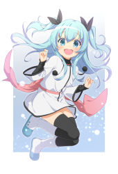 Rule 34 | 1girl, :d, black ribbon, black thighhighs, blue eyes, blue hair, boots, commentary, dress, full body, hair between eyes, hair ribbon, hands up, jigatei (omijin), long sleeves, looking at viewer, noel (sora no method), open mouth, ribbon, romaji text, sleeves past wrists, smile, solo, sora no method, symbol-only commentary, teeth, thighhighs, thighhighs under boots, two side up, upper teeth only, white dress, white footwear, wide sleeves