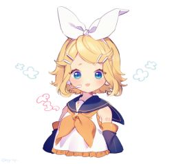 Rule 34 | 1girl, black sailor collar, blonde hair, blue eyes, blush, closed mouth, detached sleeves, frilled shirt, frills, hair ornament, hair ribbon, hairband, hairclip, headset, kagamine rin, neckerchief, orange neckerchief, ribbon, rinndouk, sailor collar, shirt, short hair, simple background, sleeveless, sleeveless shirt, solo, swept bangs, tongue, tongue out, treble clef, upper body, vocaloid, white background, white hairband, white ribbon, white shirt