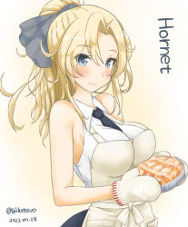 Rule 34 | 1girl, alternate hairstyle, apron, between breasts, black necktie, blonde hair, breasts, character name, commentary request, cowboy shot, dated, dress shirt, food, grey eyes, hornet (kancolle), jack (slaintheva), kantai collection, large breasts, long hair, necktie, necktie between breasts, one-hour drawing challenge, oven mitts, pie, ponytail, shirt, sleeveless, sleeveless shirt, smile, solo, twitter username, white apron, white shirt