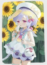Rule 34 | 1girl, 750x077, alternate costume, bag, beret, black nails, border, bow, braid, braided ponytail, coin hair ornament, cowboy shot, dress, field, flower, flower field, food, genshin impact, hair ornament, half-closed eyes, hat, highres, holding, holding food, holding ice cream, ice cream, leaf, long hair, looking at viewer, ofuda, ofuda on head, open mouth, outside border, pink bow, purple eyes, purple hair, purple sailor collar, purple shorts, qiqi (genshin impact), sailor collar, shorts, shoulder bag, signature, sleeveless, sleeveless dress, solo, sunflower, sunflower field, sunlight, tassel, white border, white dress