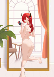 Rule 34 | 1girl, absurdres, arknights, ass, barefoot, breasts, camera, closed mouth, completely nude, curtains, full body, heart, heart-shaped pupils, highres, holding, holding camera, horns, indoors, kneeling, large breasts, long hair, mirror, nipples, nude, plant, potted plant, purple eyes, red hair, reflection, selfie, slu w, smile, solo, surtr (arknights), symbol-shaped pupils, window, wooden floor