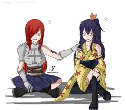 Rule 34 | 2girls, armor, boots, eden&#039;s zero, erza scarlet, fairy tail, homura kogetsu, japanese clothes, long hair, looking at viewer, mole, mole under eye, multiple girls, red hair, skirt