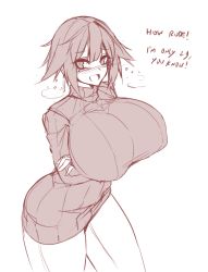 Rule 34 | 1girl, arms under breasts, blush, breast hold, breasts, denim, english text, huge breasts, jeans, monochrome, navel, open mouth, original, pants, ribbed sweater, short hair, smile, sub-res, sweater