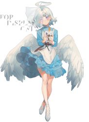 Rule 34 | 1girl, angel, angel wings, apron, bandaged neck, bandages, blue dress, bridal veil, candle, commentary request, dress, earrings, feathered wings, frilled dress, frills, full body, hair ornament, hairclip, head tilt, highres, holding, jewelry, looking at viewer, original, orniflop, purple eyes, ribbon, sandals, short hair, simple background, single earring, solo, translation request, veil, watermark, white apron, white background, white footwear, white hair, white wings, wings, worried
