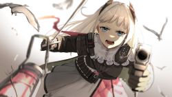 Rule 34 | 1girl, aiming, aiming at viewer, arknights, backlighting, belt, bird, black jacket, blue eyes, blurry, blurry foreground, depth of field, dual wielding, earrings, gradient background, grey background, grey hair, gun, hair ornament, holding, holding gun, holding sword, holding weapon, irene (arknights), jacket, jewelry, kkkkled, lantern, layered skirt, long hair, long sleeves, looking at viewer, open mouth, pink skirt, scar, scar across eye, scar on face, signature, skirt, solo, sword, v-shaped eyebrows, weapon, white background, white skirt