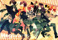 Rule 34 | brown hair, griffindor, harry potter (series), hufflepuff, lowres, magic, ravenclaw, red hair, scarf, slytherin, uniform, wand, witch, wizard, wizarding world