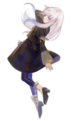 Rule 34 | 1girl, black pantyhose, boots, buttons, commentary request, eyelashes, fire emblem, fire emblem: three houses, floating hair, full body, garreg mach monastery uniform, hair between eyes, highres, juliet sleeves, knee boots, kyufe, long hair, long skirt, long sleeves, lysithea von ordelia, nintendo, open mouth, pantyhose, parted lips, pink eyes, puffy sleeves, simple background, skirt, solo, uniform, white background, white footwear, white hair