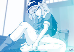 Rule 34 | 1girl, backpack, bag, blue theme, blurry, blurry background, blush, boots, bottomless, breasts, closed mouth, collared shirt, commentary request, covering crotch, covering privates, flat cap, full body, hair bobbles, hair ornament, hat, head tilt, highres, jewelry, kagiyama shachou, kawashiro nitori, key, key necklace, large breasts, looking at viewer, medium hair, monochrome, necklace, shirt, short sleeves, sidelocks, single boot, smile, solo, sweat, touhou, two side up
