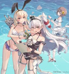 Rule 34 | 3girls, amatsukaze (kancolle), artist name, bikini, black one-piece swimsuit, black scrunchie, blonde hair, blush, brown eyes, brown hair, collarbone, dated, dress, food, grey hair, grin, hair between eyes, hair tubes, highres, himeyamato, holding, holding food, kantai collection, long hair, multiple girls, one-piece swimsuit, open mouth, popsicle, rensouhou-chan, scrunchie, shimakaze (kancolle), short hair, signature, smile, swimsuit, thigh strap, two side up, white bikini, white dress, wrist scrunchie, yellow eyes, yukikaze (kancolle), yukikaze kai ni (kancolle)