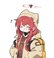 Rule 34 | 1girl, absurdres, backpack, bag, blue archive, braid, brown shirt, closed eyes, domado, grin, halo, hat, highres, hood, hood down, hooded jacket, jacket, long hair, long sleeves, maki (blue archive), maki (camp) (blue archive), official alternate costume, official alternate hairstyle, open clothes, open jacket, red hair, red halo, shirt, simple background, smile, solo, twin braids, upper body, white background, white hat, white jacket