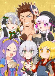 Rule 34 | 1boy, 5girls, bad id, bad twitter id, beans, beard, blonde hair, blue eyes, blush, brown hair, epaulettes, facial hair, fate/grand order, fate (series), ibaraki douji (fate), jack the ripper (fate/apocrypha), jeanne d&#039;arc (fate), jeanne d&#039;arc alter santa lily (fate), long sideburns, long sleeves, looking at viewer, multiple girls, napoleon bonaparte (fate), nursery rhyme (fate), pants, paul bunyan (fate), paul bunyan (second ascension) (fate), pectorals, purple eyes, purple hair, scar, shitappa, sideburns, simple background, smile, white hair, wu zetian (fate), wu zetian (first ascension) (fate)