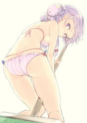 Rule 34 | 1girl, :/, alternate hairstyle, ass, between legs, bikini, blue bow, bow, breasts, broom, closed mouth, crescent, double bun, flat ass, from behind, hair bow, hair bun, hair ornament, hairclip, holding, kojiki-life, layered bikini, leaning forward, looking back, patchouli knowledge, purple bikini, purple eyes, purple hair, red bow, solo, striped bikini, striped clothes, swimsuit, t-back, touhou, whale tail (clothing), white background