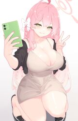 Rule 34 | 1girl, :3, ahoge, black footwear, black jacket, blue archive, blush, bow, braid, breasts, brown dress, cellphone, cleavage, closed mouth, collarbone, commentary, covered navel, dress, fingernails, green eyes, hair between eyes, hair bow, halo, hanako (blue archive), highres, holding, holding phone, huge breasts, jacket, legs, long hair, looking at viewer, nail polish, open clothes, open jacket, parsleyshrimp, phone, pink hair, pink halo, pink nails, smartphone, smile, solo, thighs, v, white background, white bow