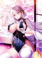Rule 34 | 1girl, :o, arm up, azur lane, blue dress, blush, braid, breast curtains, breasts, cape, cherry blossoms, china dress, chinese clothes, cleavage, commentary request, covered erect nipples, dress, flower, garter straps, gloves, hair between eyes, hair flower, hair ornament, highres, large breasts, manjuu (azur lane), neckwear between breasts, official alternate costume, open mouth, pelvic curtain, red eyes, revealing clothes, see-through, short hair, side braid, side slit, sidelocks, sirius (azur lane), sirius (azure horizons) (azur lane), sleeveless, sleeveless dress, solo, standing, thighhighs, thighs, underboob, white gloves, white hair, white thighhighs, window, yuuzuki hijiri