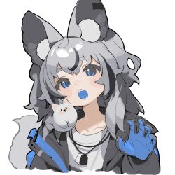 Rule 34 | 1girl, absurdres, animal, animal ear fluff, animal ears, animal on shoulder, belt, black hair, blue belt, blue eyes, blue gloves, blue mouth, claw pose, collarbone, collared jacket, commentary, cropped torso, dog, dog ears, dog tags, dog tail, eyelashes, fangs, gloves, grey gloves, grey hair, grey jacket, grey sleeves, head tilt, highres, jacket, light blush, long hair, long sleeves, looking at viewer, loose hair strand, multicolored hair, open belt, open clothes, open jacket, open mouth, original, shirt, shisantian, simple background, solo, streaked hair, symbol-only commentary, tail, teeth, two-tone gloves, white background, white shirt