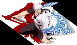 Rule 34 | 1boy, bara, belt, brown eyes, collarbone, fighting stance, full body, gintama, gomokumeshi, hair between eyes, hair over one eye, hand on floor, highres, holding, holding sword, holding weapon, japanese clothes, katana, kimono, long sleeves, looking to the side, male focus, manly, muscular, open clothes, open kimono, open shirt, pants, pectoral cleavage, pectorals, revealing clothes, sakata gintoki, shadow, shirt, shoes, short sleeves, silver hair, simple background, smile, solo, sword, toned, toned male, weapon, wooden sword