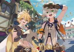 Rule 34 | 2boys, aether (genshin impact), alvarichie, arm up, armpits, bandaid, bandaid on face, bandaid on nose, bare shoulders, belt, bennett (genshin impact), blonde hair, blue sky, building, day, earrings, genshin impact, gloves, goggles, goggles on head, green eyes, highres, holding, holding map, jewelry, map, midriff, multiple boys, navel, open clothes, open mouth, outdoors, scarf, shirt, short sleeves, single earring, sky, sleeveless, sleeveless shirt, smile, stairs, standing, town, window, yellow eyes