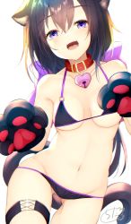 Rule 34 | 1girl, animal collar, animal ear fluff, animal ears, animal hands, bare shoulders, bell, bikini, black bikini, black hair, breasts, cat ears, cat paws, cat tail, chita (ketchup), collar, cowboy shot, gloves, gluteal fold, hair between eyes, halterneck, heart-shaped bell, highres, jingle bell, long hair, medium breasts, navel, neck bell, o-ring, o-ring bikini, open mouth, original, paw gloves, purple eyes, red collar, signature, simple background, solo, swimsuit, tail, thigh strap, white background