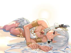 Rule 34 | 1girl, bracelet, breasts, brown eyes, cleavage, closed mouth, collar, collarbone, crossed bangs, dancing archer tinia, frs, guardian tales, hair ornament, highres, jewelry, long hair, looking at viewer, lying, simple background, sleeveless, tagme, white hair
