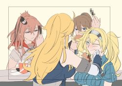 Rule 34 | 4girls, ahoge, blonde hair, blue eyes, blue shirt, blush, breast pocket, breasts, brown hair, burger, buttons, censored, closed mouth, collared shirt, commentary, cup, disposable cup, dress, drinking straw, elbow gloves, food, food in mouth, fram, front-tie top, gambier bay (kancolle), gloves, hair between eyes, half-closed eyes, handkerchief, headband, headgear, hisaki (morenabe), intrepid (kancolle), iowa (kancolle), kantai collection, long hair, machinery, middle finger, mosaic censoring, multiple girls, neckerchief, no headgear, pocket, ponytail, red neckerchief, saratoga (kancolle), shirt, short sleeves, side ponytail, simple background, smokestack, table, twintails, upper body, wavy mouth, white dress, wiping mouth, yellow background