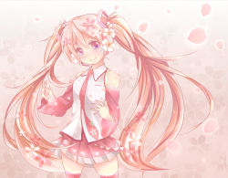 Rule 34 | 1girl, alternate color, alternate hair color, bad id, bad pixiv id, bare shoulders, cherry blossoms, citron (caramel-ice), detached sleeves, flower, food, fruit, hair flower, hair ornament, hatsune miku, headset, long hair, name connection, necktie, object namesake, petals, pink eyes, pink hair, sakura miku, shiroton, skirt, smile, solo, thighhighs, twintails, very long hair, vocaloid, zettai ryouiki
