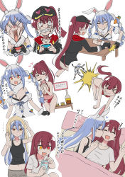 Rule 34 | &gt; &lt;, :t, absurdres, anger vein, animal ears, arm wrestling, bikini, black tank top, blue hair, blush, bow, braid, breasts, carrot hair ornament, cellphone, cleavage, clenched teeth, commentary request, covered erect nipples, don-chan (usada pekora), dorianpanda, food-themed hair ornament, food in mouth, groin, hair bow, hair ornament, hat, heart, heterochromia, highres, hololive, houshou marine, houshou marine (summer), joy-con, large breasts, medium breasts, multicolored hair, navel, open mouth, orange eyes, own hands together, phone, pocky, pocky in mouth, ponytail, rabbit ears, rabbit girl, red bikini, red eyes, red hair, smartphone, smile, swimsuit, table, tank top, teeth, towel, towel on head, translation request, twin braids, two-tone hair, usada pekora, usada pekora (1st costume), virtual youtuber, white hair, yellow eyes, yuri