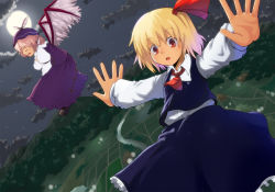 Rule 34 | 2girls, female focus, flying, full moon, hamakenn, moon, multiple girls, mystia lorelei, night, outstretched arms, rumia, spread arms, touhou