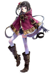 Rule 34 | 1girl, atelier (series), atelier totori, belt, black hair, boots, expressionless, female focus, full body, gloves, hair ornament, hairpin, highres, kishida mel, knee boots, long hair, mimi houllier von schwarzlang, official art, ponytail, purple eyes, shawl, short shorts, shorts, solo, thighhighs, thighhighs under boots, white background, white thighhighs
