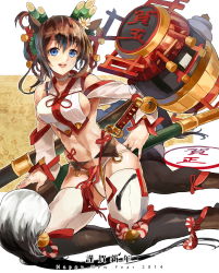 Rule 34 | 1girl, bad id, bad pixiv id, bamboo, bare shoulders, bell, blue eyes, breasts, brown hair, calligraphy brush, choker, hammer, happy new year, himuro shunsuke, kadomatsu, looking at viewer, new year, original, paintbrush, revision, ribbon, short hair, sideboob, smile, solo, stamp, sword, thighhighs, weapon, white thighhighs