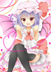 Rule 34 | 1girl, ascot, bad id, bad pixiv id, bat wings, black thighhighs, blue hair, bow, fang, hair bow, hat, highres, maccha, red eyes, remilia scarlet, short hair, solo, thighhighs, touhou, wings