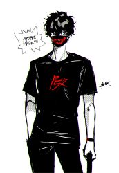 Rule 34 | 1boy, absurdres, amamiya ren, black eyes, black hair, btmr game, clothes writing, hair between eyes, hand in pocket, highres, male focus, mask, mouth mask, pants, persona, persona 5, persona 5 the royal, shirt, short sleeves, signature, simple background, solo