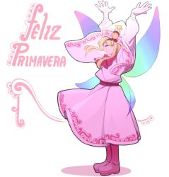 Rule 34 | 1girl, belt, blonde hair, boots, bow, closed eyes, dress, fairy wings, from side, hands up, hat, lily white, long sleeves, mefomefo, open mouth, pink belt, pink dress, pink footwear, puffy sleeves, ribbon, short hair, simple background, skirt, solo, spanish text, touhou, white background, white hat, wings