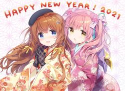 Rule 34 | 2021, 2girls, :d, beret, black gloves, black headwear, blue eyes, blush, braid, brown eyes, brown hair, brown kimono, commentary request, floral print, gloves, hair between eyes, hair ornament, hair ribbon, happy new year, hat, highres, japanese clothes, kimishima ao, kimono, long hair, long sleeves, looking at viewer, multiple girls, new year, obi, open mouth, original, pink hair, print kimono, red kimono, ribbon, sash, smile, star (symbol), star hair ornament, tilted headwear, twintails, very long hair, wide sleeves, yellow ribbon