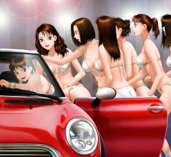 Rule 34 | 6+girls, ass, bikini, blush, breasts, brown eyes, brown hair, car, cleavage, highres, large breasts, lens flare, lips, long hair, looking back, midriff, mini cooper, motor vehicle, multiple girls, open mouth, original, parted lips, ponytail, short hair, skindentation, smile, strap gap, swimsuit, twintails, vehicle, wristband, yui toshiki