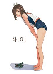 Rule 34 | 10s, 1girl, aichi m6a seiran, barefoot, bent over, brown eyes, brown hair, commentary request, dated, from side, full body, gufu (guffuumu), hair ornament, hands on own thighs, i-401 (kancolle), kantai collection, looking at viewer, military, military vehicle, motor vehicle, open mouth, parasite aircraft, pun, sailor collar, sailor shirt, school swimsuit, seaplane, shadow, shirt, sleeveless, sleeveless shirt, smile, solo, swimsuit, tan, tank, white background