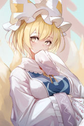 Rule 34 | 1girl, animal ears, animal hat, between fingers, blonde hair, breasts, dress, fox ears, fox tail, frills, hand to own mouth, hat, highres, holding, lumo 1121, mob cap, multiple tails, ofuda, ofuda between fingers, short hair, solo, tabard, tail, tassel, touhou, upper body, white dress, white hat, wide sleeves, yakumo ran, yellow eyes