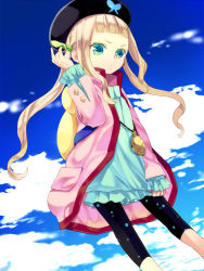 Rule 34 | 1girl, blue eyes, brown hair, cloud, dress, elle mel marta, frills, gradient background, hair ornament, hat, jacket, jewelry, long hair, necklace, shorts, sky, solo, tales of (series), tales of xillia, tales of xillia 2, twintails