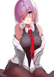 Rule 34 | 1girl, bare shoulders, black pantyhose, black skirt, blush, breasts, commentary request, eyes visible through hair, fate/grand order, fate (series), female focus, hair over one eye, large breasts, looking at viewer, mash kyrielight, necktie, nigouu, open mouth, pantyhose, purple eyes, purple hair, red necktie, short hair, simple background, sitting, skirt, smile, solo, white background