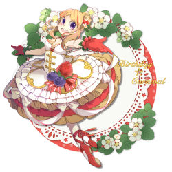 Rule 34 | 1girl, :d, birthday, blonde hair, blueberry, bow, cake, doily, dress, english text, flower, food, food-themed clothes, food-themed hair ornament, fruit, full body, gloves, hair bun, hair ornament, highres, long hair, open mouth, outstretched hand, personification, plantar flexion, pocketland, purple eyes, reaching, reaching towards viewer, red footwear, red gloves, shoes, single hair bun, smile, strawberry, strawberry hair ornament, strawberry shortcake, usa leaf, white bow, white dress, white legwear