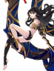 Rule 34 | 1girl, ass, bare legs, bare shoulders, black hair, black thighhighs, breasts, crown, earrings, elbow gloves, fate/grand order, fate (series), fingerless gloves, gloves, hair ornament, highres, ishtar (fate), jewelry, long hair, looking at viewer, looking back, red eyes, simple background, solo, thighhighs, twintails, underwear, white background, yohaku