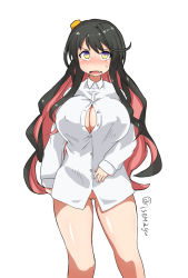 Rule 34 | 10s, 1girl, artist name, black hair, blush, bottomless, breasts, bursting breasts, cameltoe, center opening, cleavage, cleft of venus, covered erect nipples, curvy, dress shirt, fang, highres, isemagu, kantai collection, large breasts, long hair, looking at viewer, multicolored hair, naganami (kancolle), naked shirt, nose blush, open mouth, paizuri invitation, pink hair, pussy, shirt, sleeves past wrists, solo, sweatdrop, unbuttoned, unbuttoned shirt, uncensored, very long hair, white background, yellow eyes