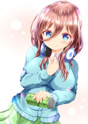 Rule 34 | 1girl, :t, blue cardigan, blue eyes, blush, breasts, brown hair, buttons, can, cardigan, closed mouth, collared shirt, commentary request, cup, disposable cup, go-toubun no hanayome, green skirt, hair between eyes, hand on own chest, hand up, headphones, headphones around neck, highres, holding, holding can, large breasts, long hair, long sleeves, looking at viewer, nakano miku, pleated skirt, pout, school uniform, shirt, sidelocks, skirt, solo, tears, undershirt, white background, white shirt, xenon (for achieve)