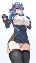Rule 34 | 1girl, ako (blue archive), black thighhighs, blue archive, blue eyes, blue gloves, blue hair, blue hairband, breasts, button gap, commentary request, gloves, gradient background, grey background, hair between eyes, hairband, highres, kitin, large breasts, looking at viewer, open mouth, solo, thighhighs, thighs