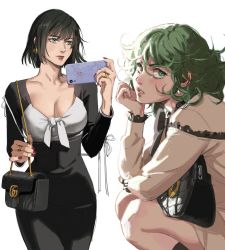 Rule 34 | 2girls, annoyed, apple inc., bag, black hair, breasts, cellphone, cleavage, clmbo, collarbone, curly hair, dress, ear piercing, earrings, eyebrows, eyelashes, female focus, fingernails, fubuki (one-punch man), green eyes, green hair, hand on own chin, hand on own face, highres, jewelry, lace, lace trim, large breasts, lips, lipstick, long hair, long sleeves, looking at viewer, makeup, matching hair/eyes, medium hair, multiple girls, nail polish, one-punch man, pale skin, parted lips, phone, piercing, red nails, ring, scowl, shoulder bag, siblings, simple background, sisters, sleeves past elbows, smartphone, smartphone case, squatting, sunlight, tatsumaki, walking, white background, white dress, zipper, zipper pull tab
