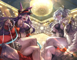 Rule 34 | 2girls, :d, alcohol, animal ears, aqua eyes, bag, black dress, breasts, bridal gauntlets, coat, commentary request, cup, dark-skinned female, dark skin, dawito, queen of sheba (dollar-cent shop) (fate), dress, drinking glass, ears through headwear, fang, fate/grand order, fate (series), folded ponytail, from below, fur-trimmed coat, fur coat, fur trim, handbag, hat, jewelry, large breasts, long hair, looking at viewer, midriff, multiple girls, navel, necklace, open mouth, penthesilea (fate), purple hair, queen of sheba (fate), red coat, penthesilea (shining skyscrapers) (fate), short shorts, shorts, silver hair, smile, underboob, wine, wine glass, yellow eyes